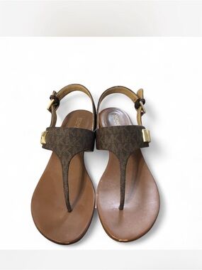 Michael Kors Brown Logo Thong Sandals with Gold Accents